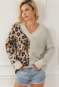Leopard Color Block V Neck Drop Shoulder Knit Sweater