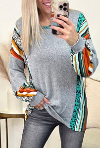 Gray Leopard Serape Drop Shoulder Bubble Sleeves Knit Top