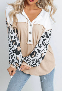 Parchment Leopard Sleeve Patchwork Waffle Knit Top