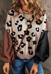 Coffee Leopard Print Colorblock Pullover Sweater
