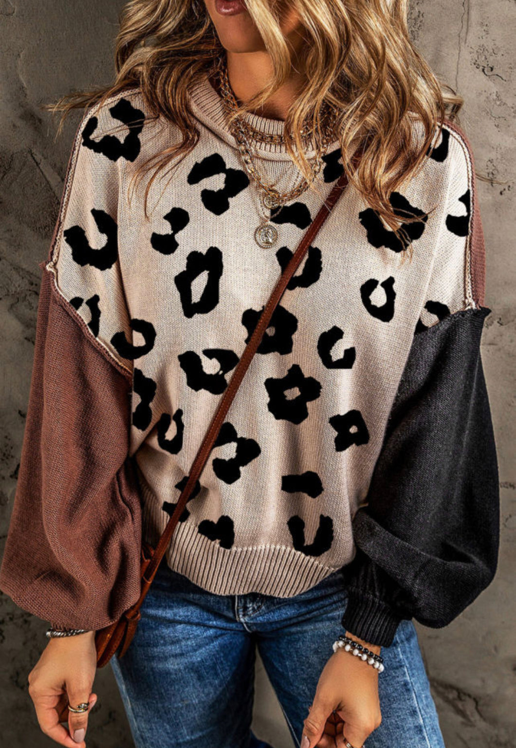 Coffee Leopard Print Colorblock Pullover Sweater
