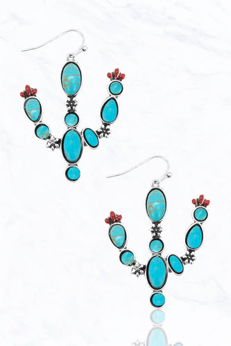 Cactus with Semi Genuine Stone Metal Earrings