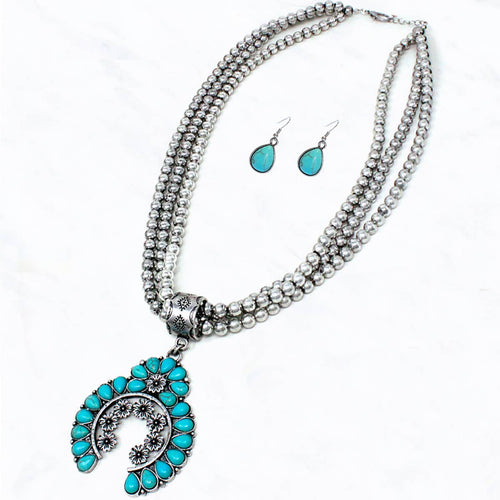 Squash Blossom Pendant Metal Ball 3 Strand Necklace Set